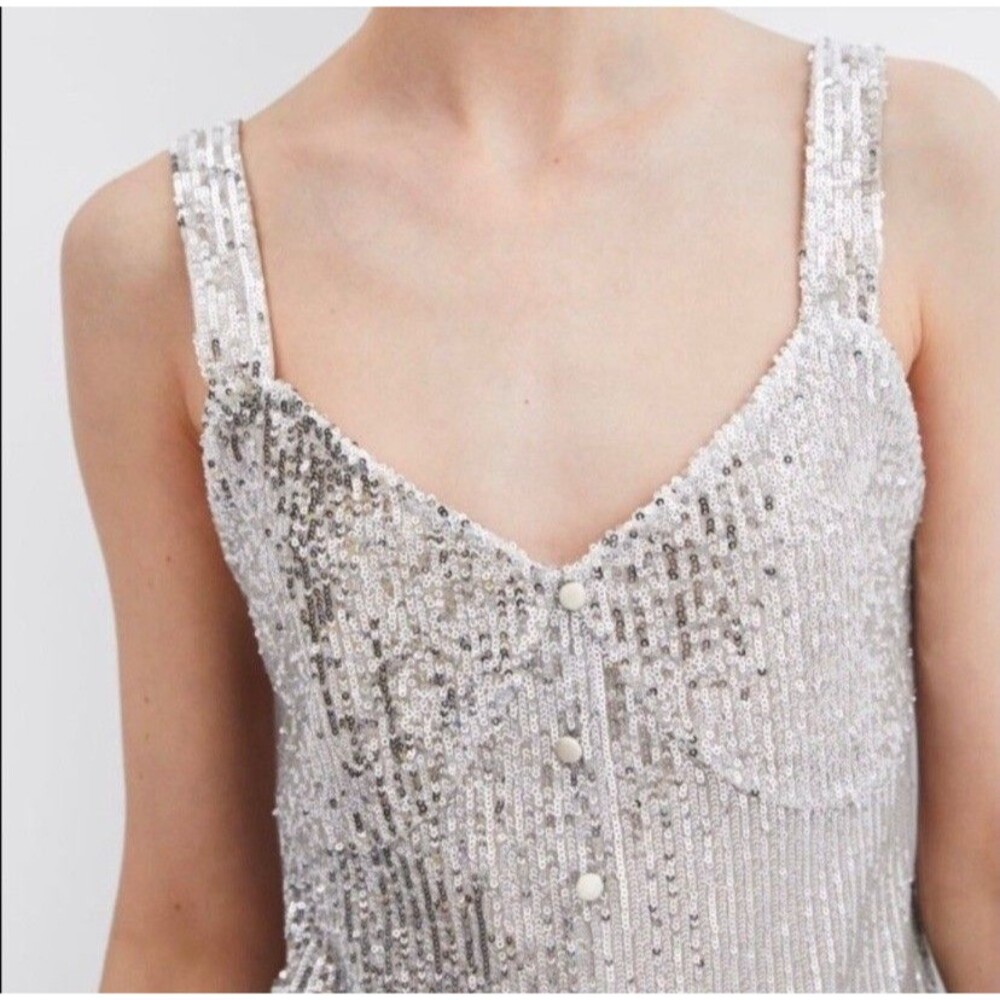 NWT Zara Trafaluc Silver Sequin Midi Dress Size Medium - Picture 2 of 16